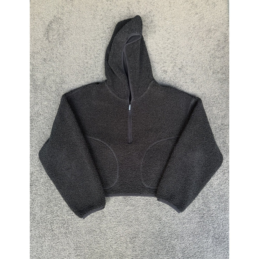 Uniqlo Womens Pile Lined Fleece Half Zip Cropped Hoodie Dark Grey Small 452074